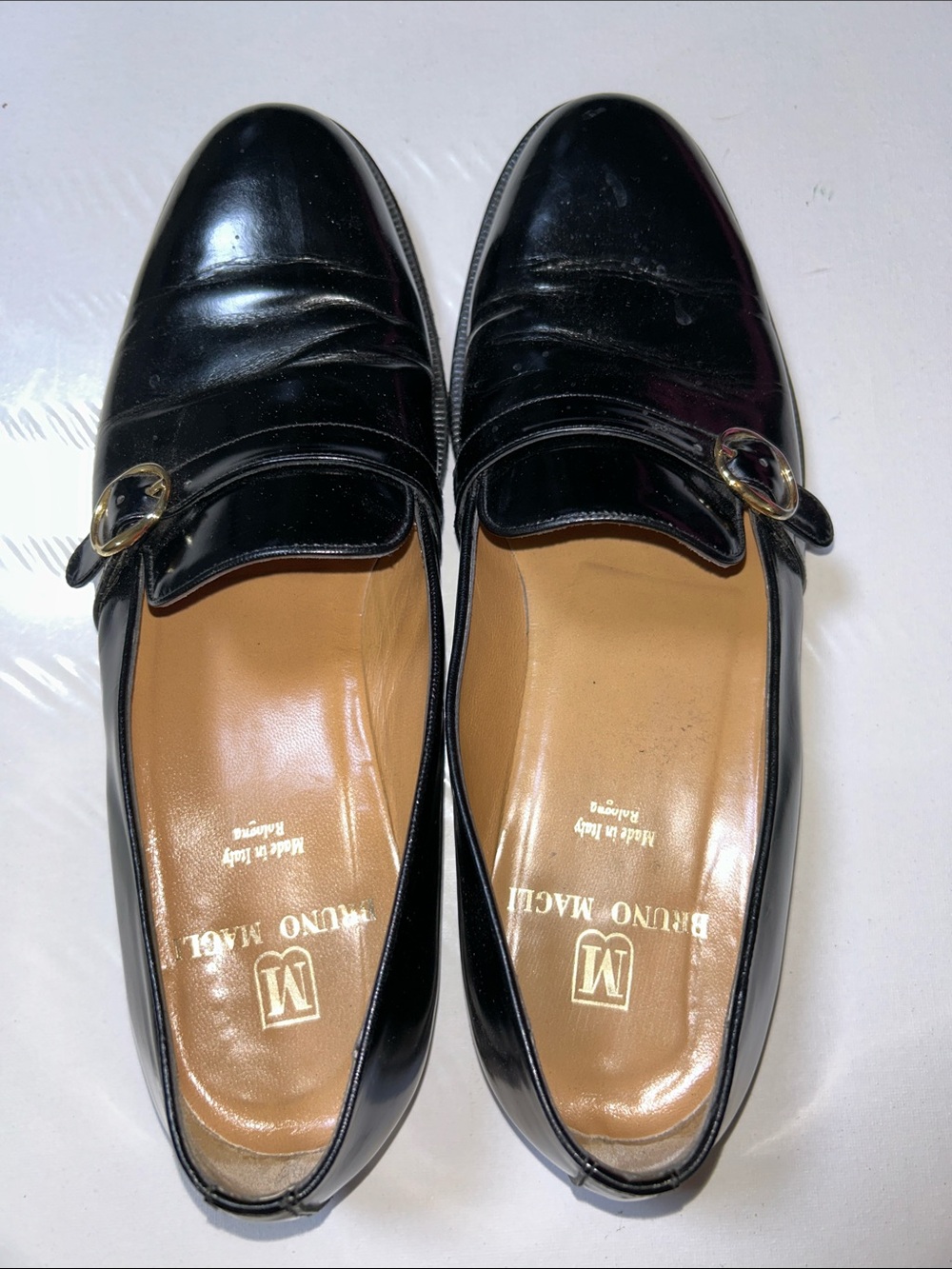 Bruno Magli Black Leather Buckle Loafers with Tan Insoles